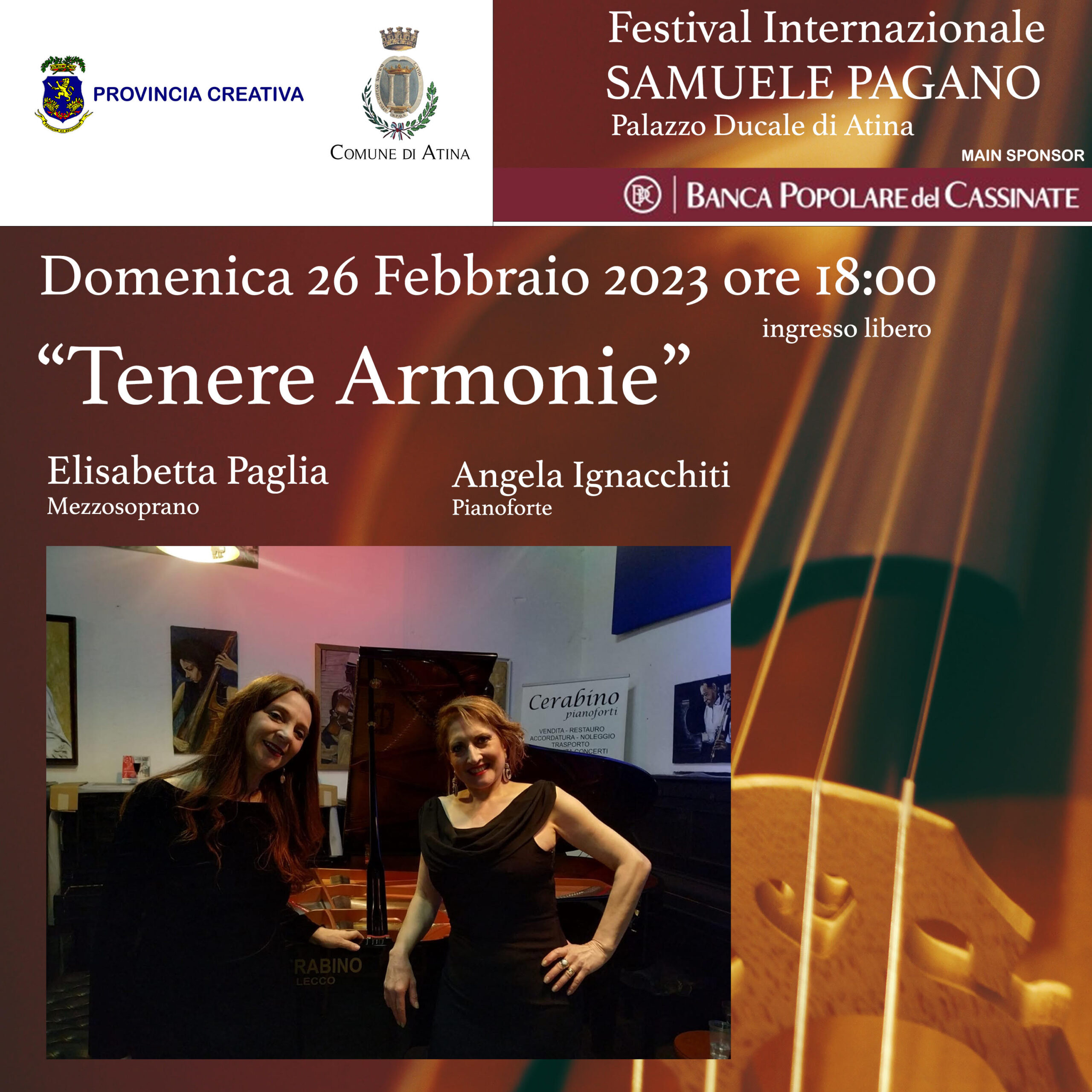 Locandina del festival con dettagli sull'evento e foto di due artiste.