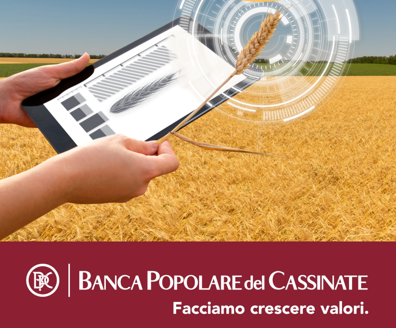 Un tablet mostra un'immagine di spighe di grano su uno sfondo di campo di grano.