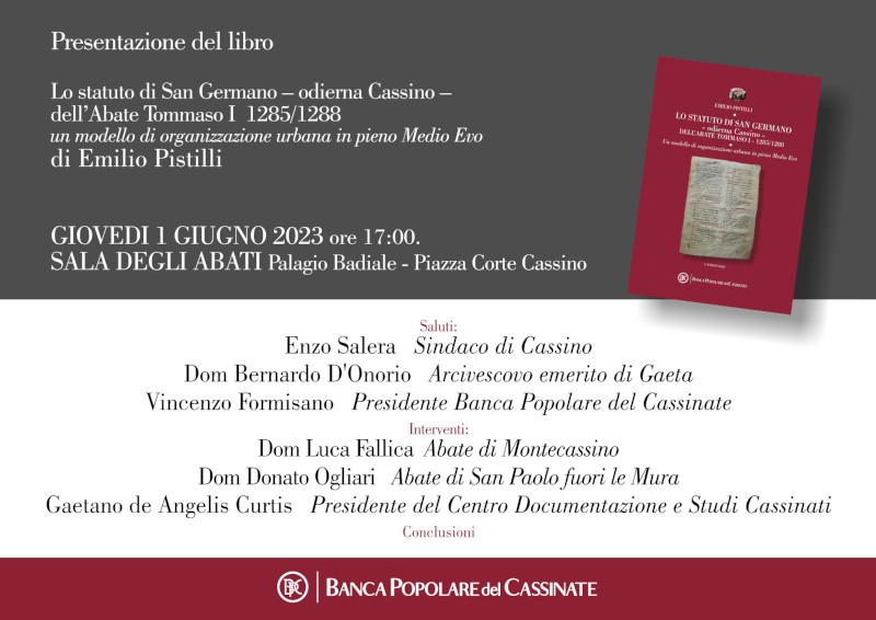 Locandina evento di presentazione del libro 'Lo statuto di San Germano' di Emilio Pistilli.