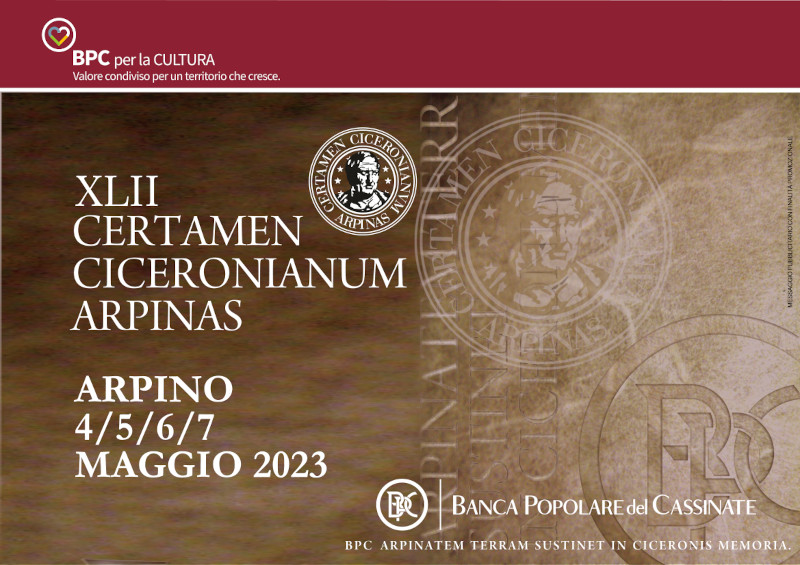 Manifesto dell'XLII Certamen Ciceronianum Arpinas, evento a Arpino dal 4 al 7 maggio 2023.