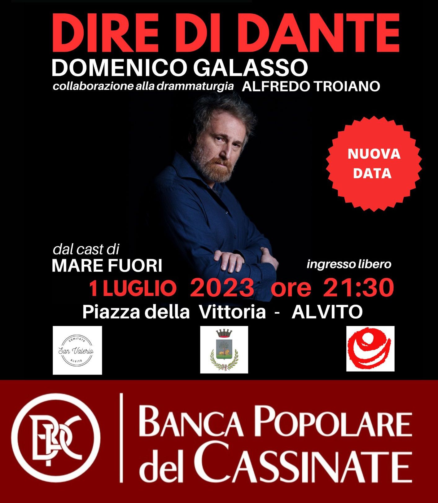 Locandina dello spettacolo "Dire di Dante" con Domenico Galasso, data e luogo dell'evento.