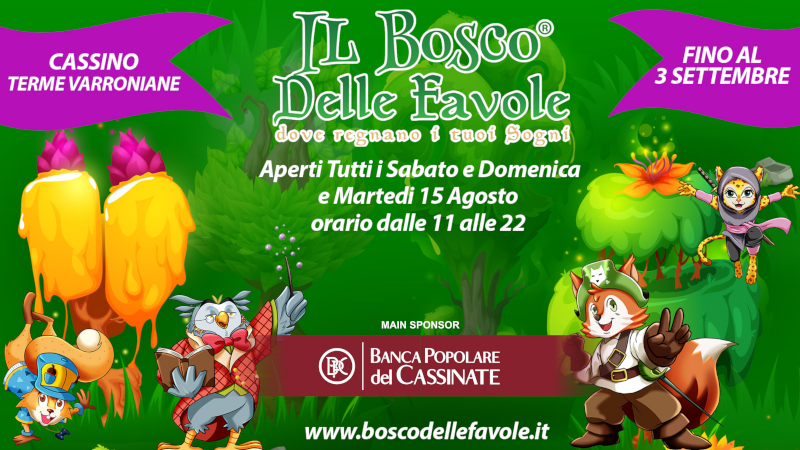 Locandina dell'evento 'Il Bosco delle Favole 2023' con dettagli su date e orari.