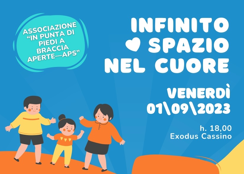 Locandina evento 'Infinito spazio nel cuore' con data e ora, raffigurante bambini e adulti.