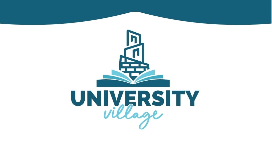 Logo University Village con libro e edifici stilizzati.