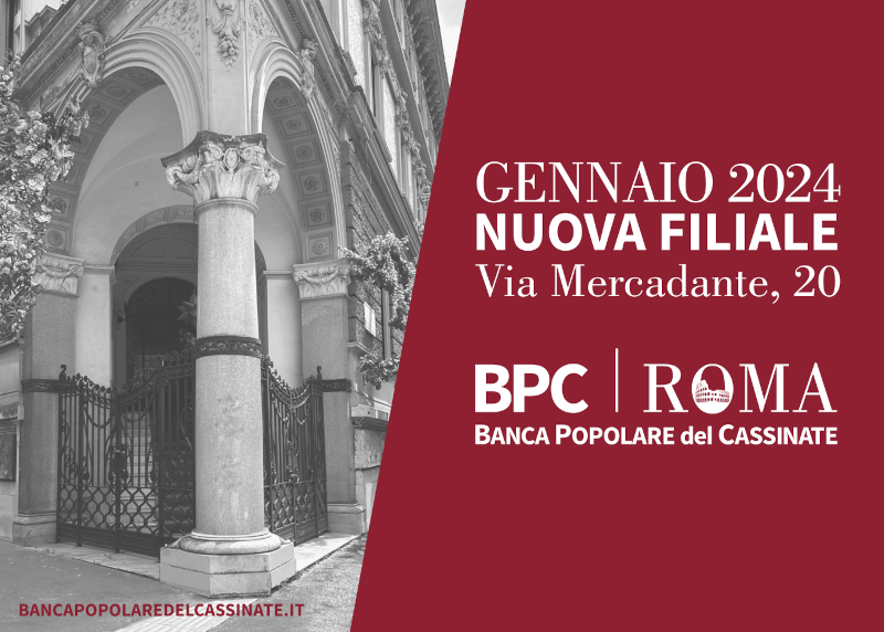Locandina per l'apertura della nuova filiale BPC a Roma, Via Mercadante, 20, gennaio 2024.