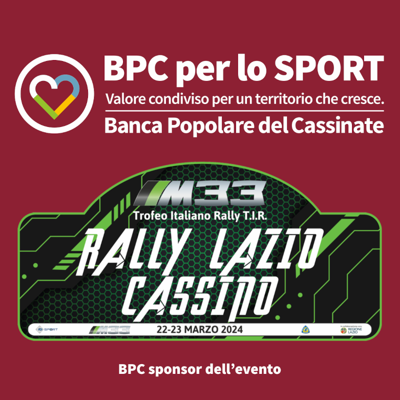 Manifesto del Rally del Lazio 2024, con dettagli sull'evento e sponsor Banca Popolare del Cassinate.