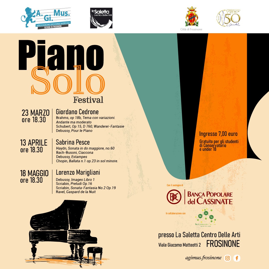 Locandina del Piano Solo Festival con date e artisti: Giordano Cedrone, Sabrina Pesce, Lorenzo Marigliani.