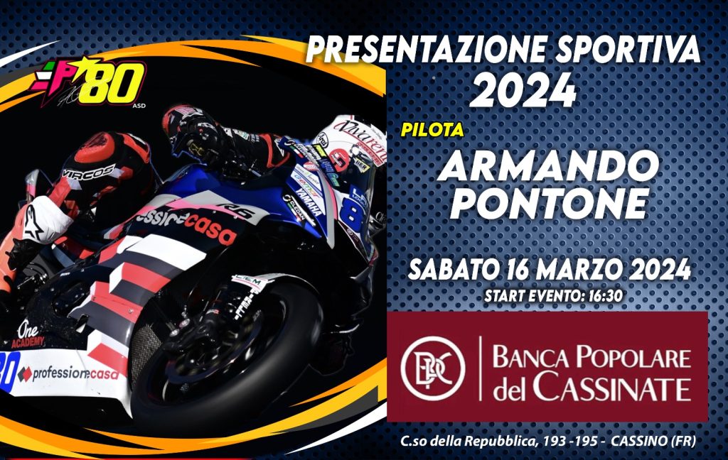 Locandina presentazione sportiva 2024 con dettagli su Armando Pontone e l'evento del 16 marzo.