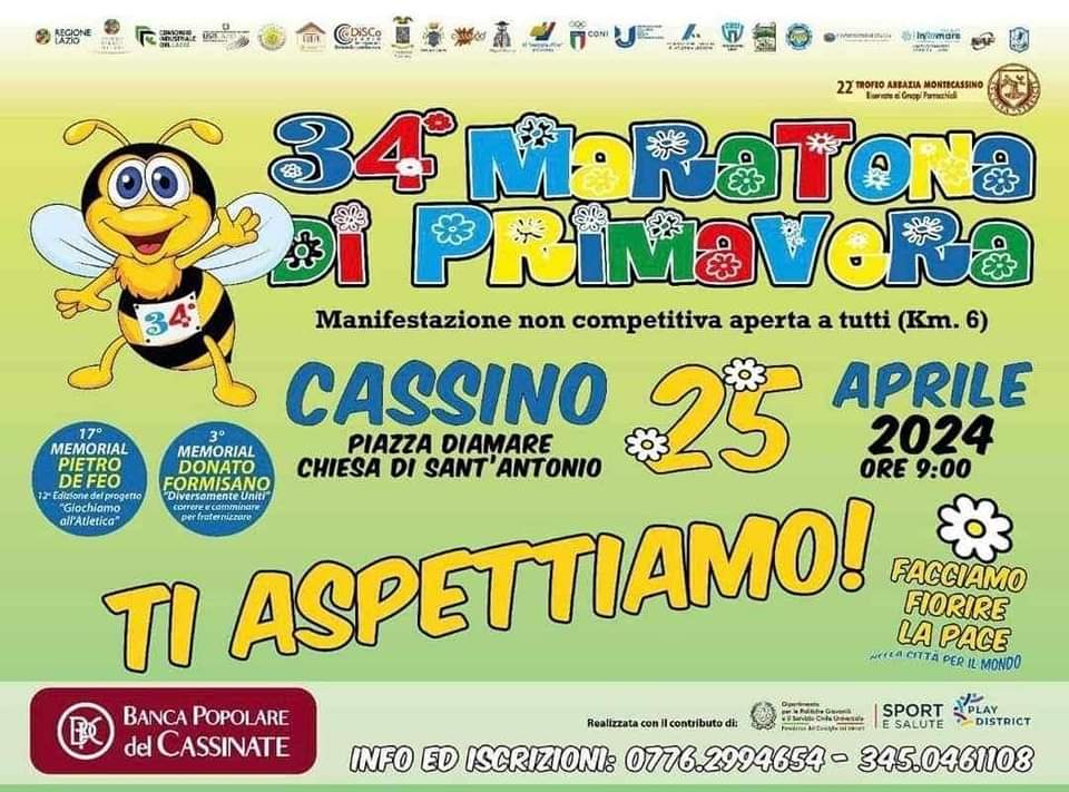 Manifesto della 34ª Maratona di Primavera, evento non competitivo a Cassino il 25 aprile 2024.