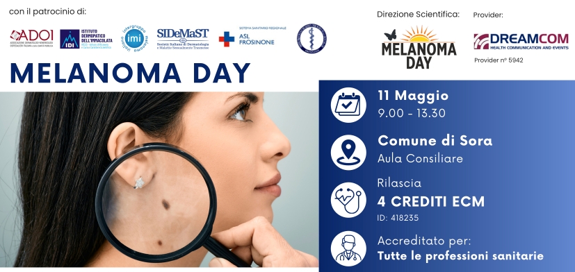 Locandina evento Melanoma Day 2024, con dettagli su data, luogo e accrediti.