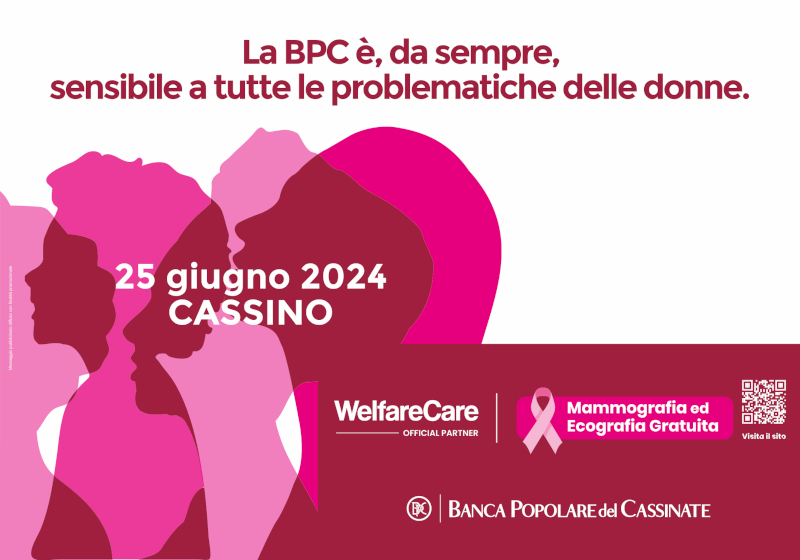Locandina evento su salute delle donne, con informazioni su mammografia ed ecografia gratuita il 25 giugno 2024 a Cassino.