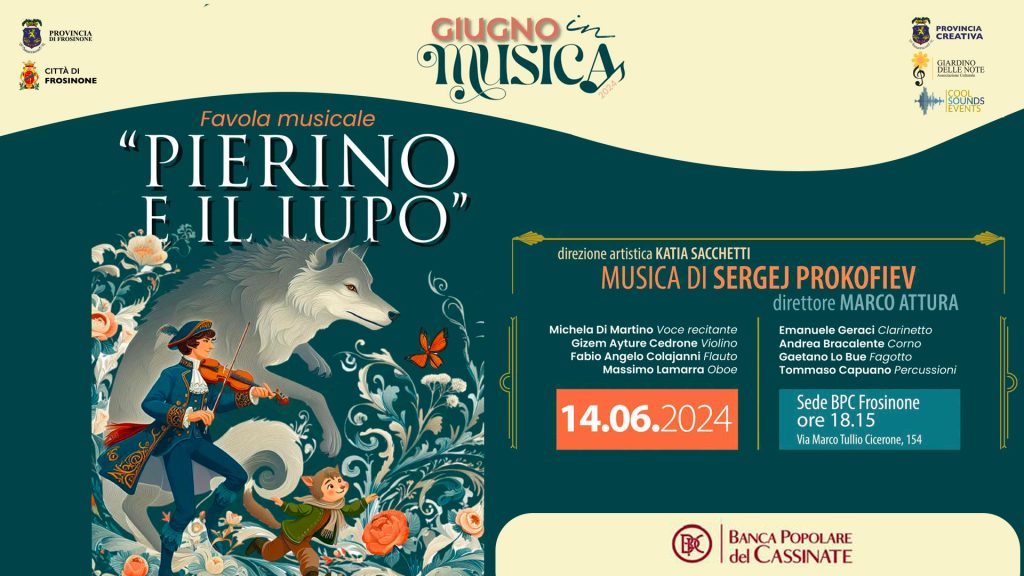 Locandina dell'evento 'Giugno in Musica – Ove le Muse abitano' con dettagli su 'Pierino e il Lupo'.