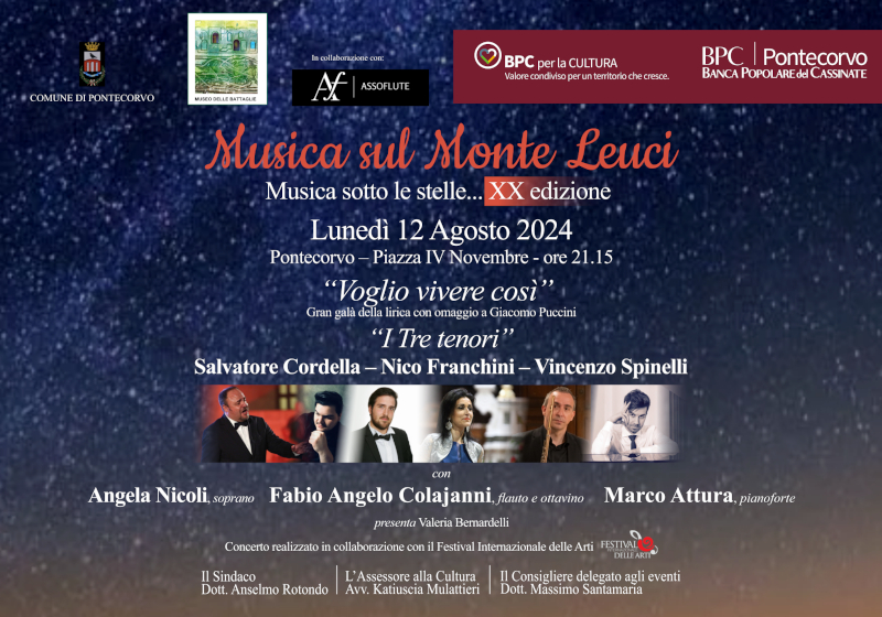 Locandina del gran galà lirico "Voglio vivere così" dedicato a Puccini, con dettagli sull'evento e i partecipanti.