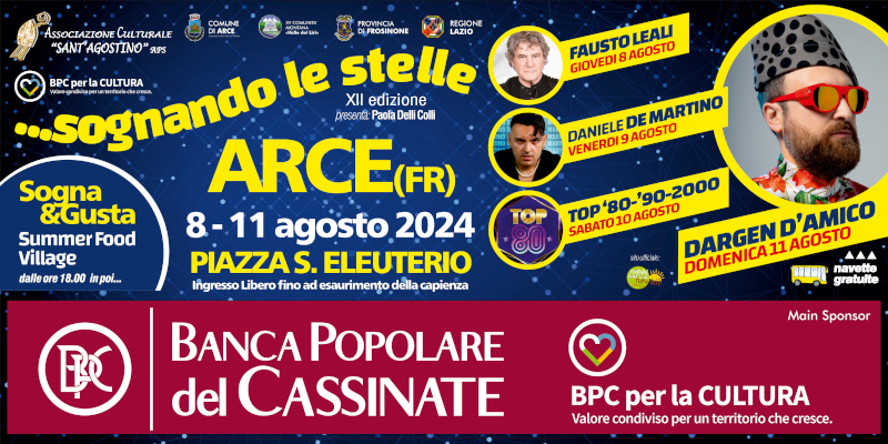 Manifesto dell'evento 'Sognando le stelle' ad Arce, con date e artisti in programma.