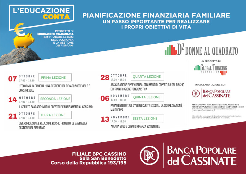 Locandina del percorso di formazione sull'educazione finanziaria con date e lezioni.