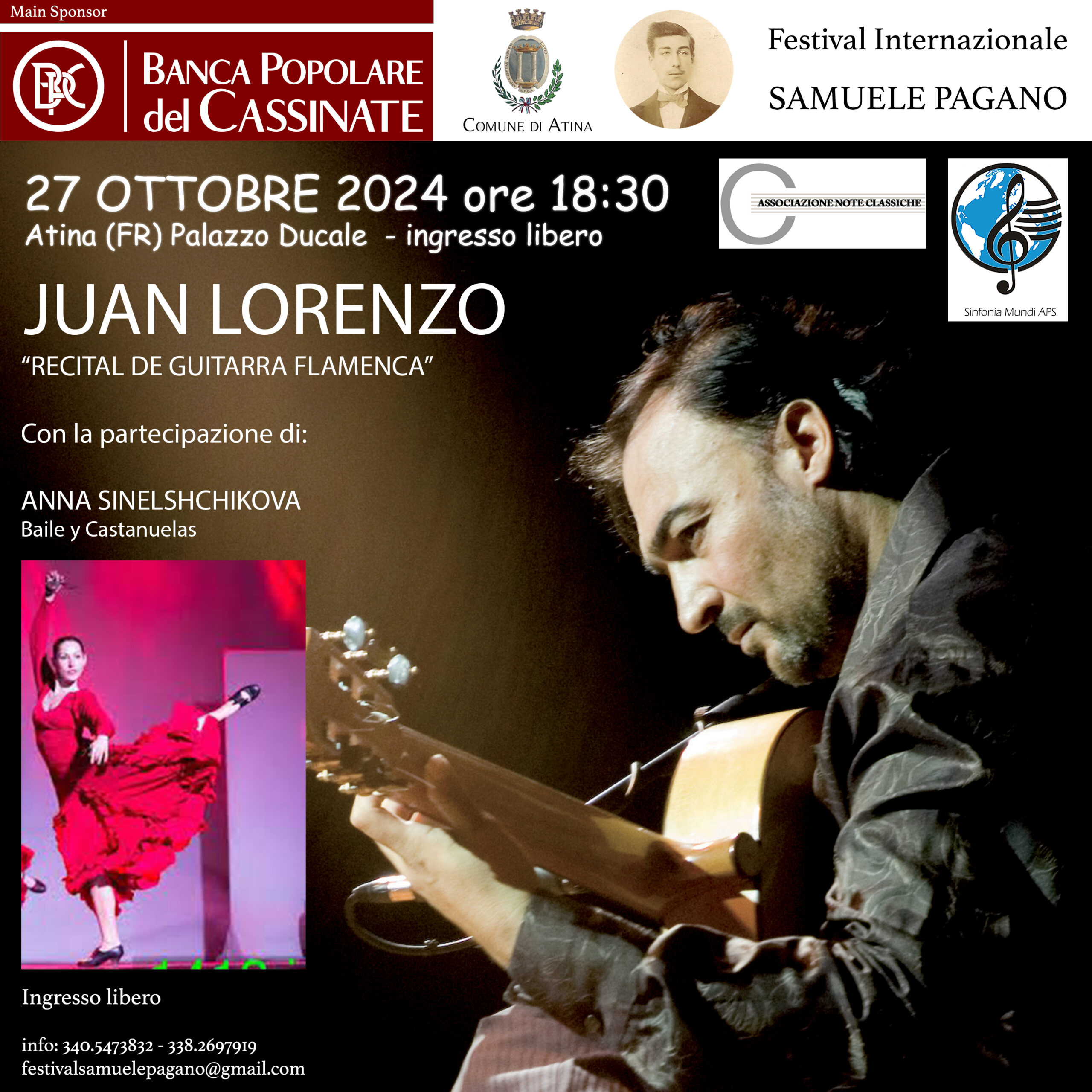 Locandina del recital di Juan Lorenzo e Anna Sinelshchikova al Festival Samuel Pagano, con dettagli sull'evento.