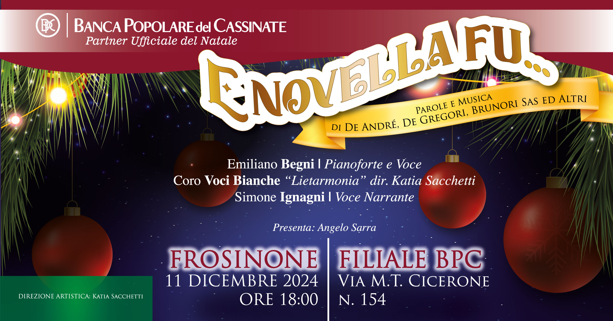 Locandina del concerto di Natale 'E novella fu...' con dettagli su data, ora e artisti.