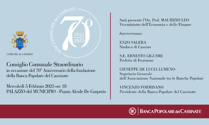 Manifesto per il 70° anniversario della Banca Popolare del Cassinate con dettagli sull'evento e relatori.