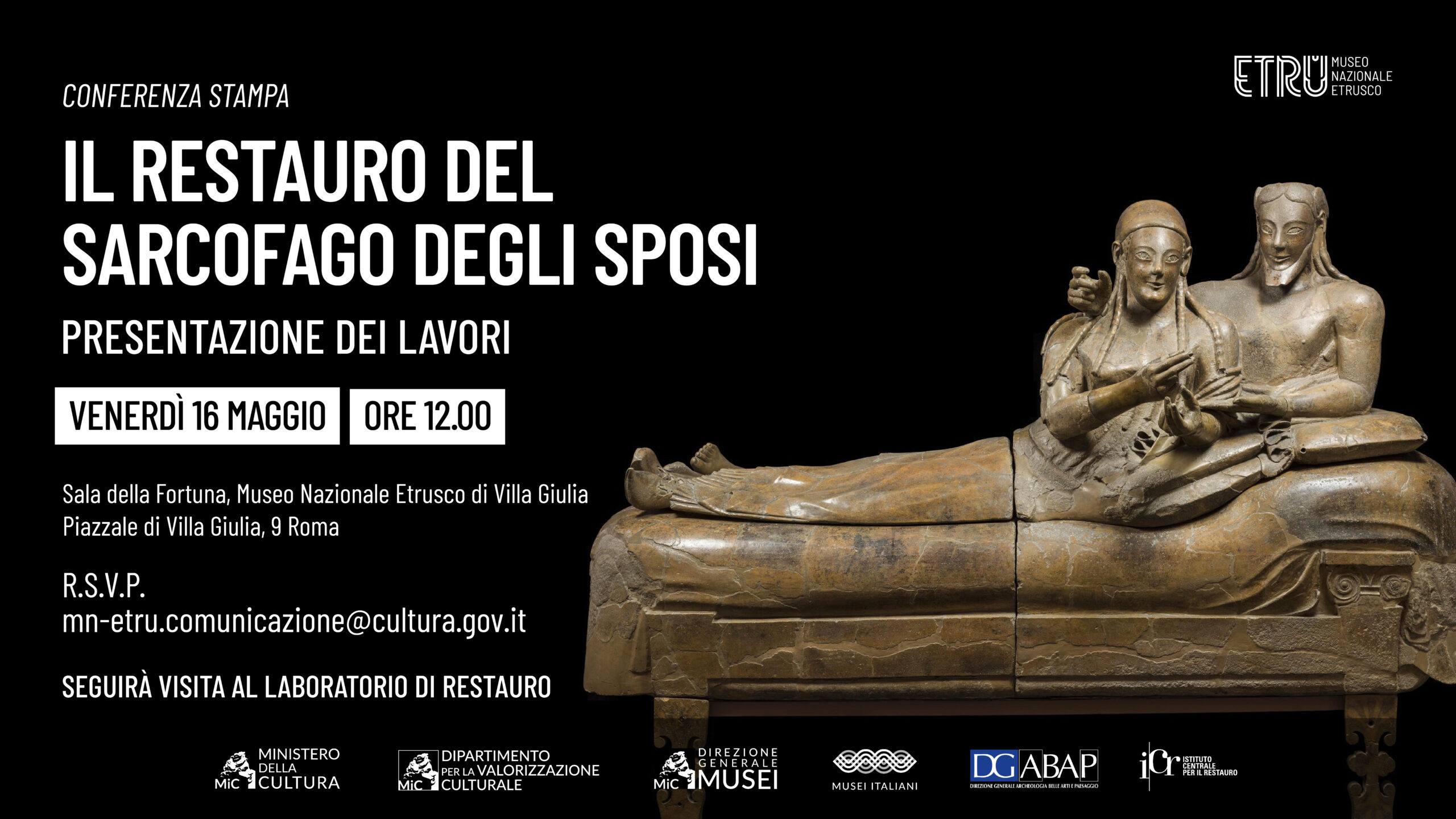 Locandina della conferenza stampa sul restauro del sarcofago degli sposi, con dettagli sull'evento.