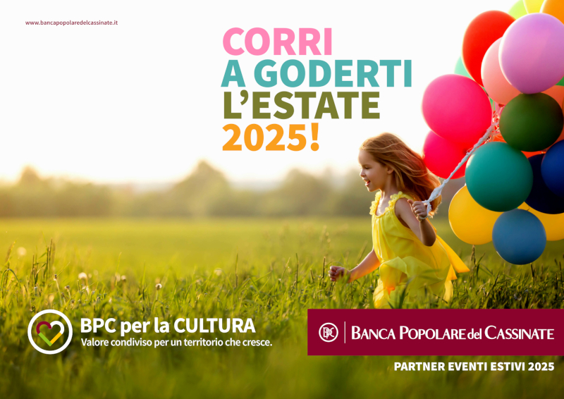 Locandina evento "Corri a goderti l'estate 2025!" con una ragazza che corre con palloni colorati.