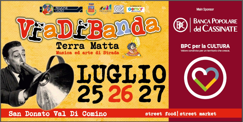 Locandina del festival Viadibanda 2025 con date e informazioni su eventi di musica e arte di strada.