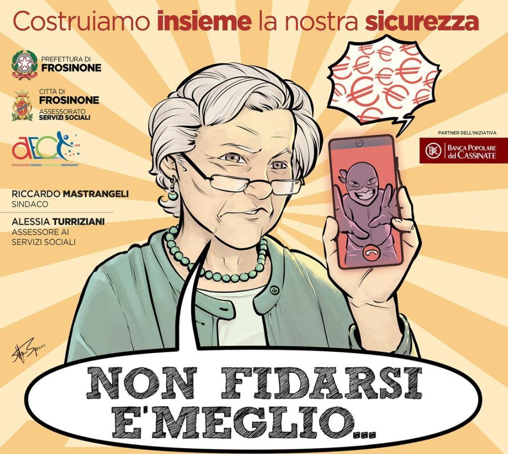 Locandina dell'evento "Non fidarsi è meglio" con un'anziana che tiene un telefono e simboli di euro.