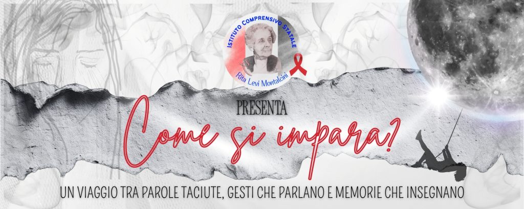 Locandina dello spettacolo 'Come si impara?' contro la violenza sulle donne, con testo e illustrazioni evocative.