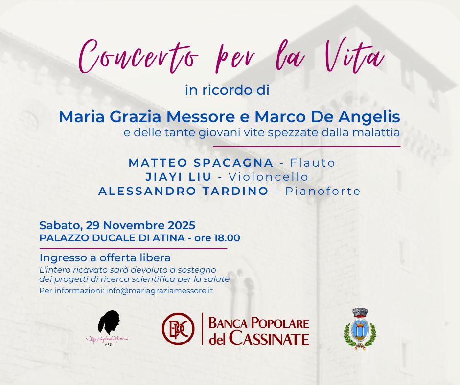 Locandina del concerto 'Concerto per la Vita' in ricordo di Maria Grazia Messore e Marco De Angelis, con dettagli sull'evento.