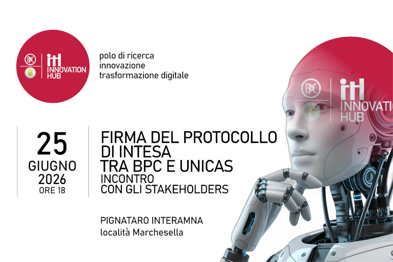 Locandina evento 'Firma del protocollo di intesa tra BPC e Unicas' il 25 giugno 2026.